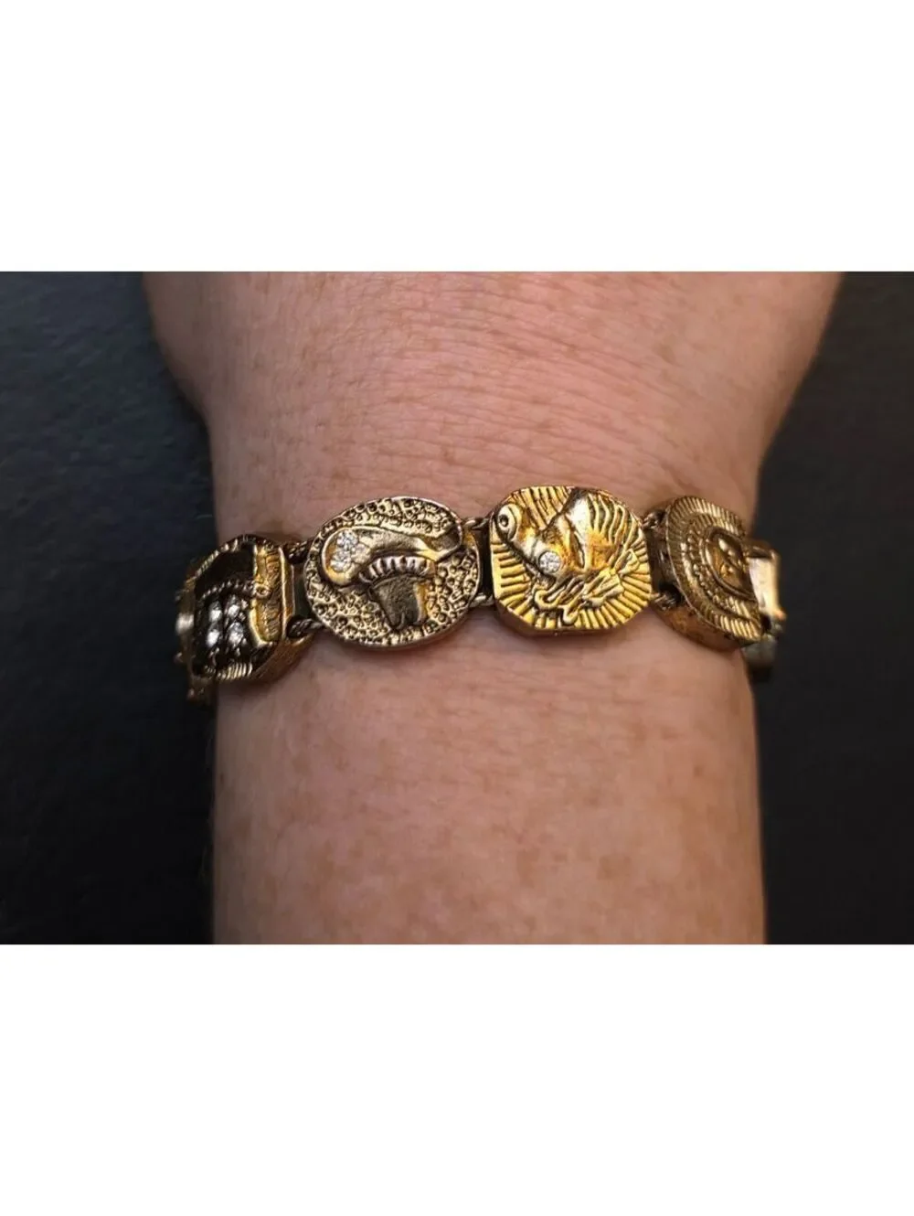 Vintage Western Motif Rhinestone Panel Link Bracelet Gold Tone Cowboy 7